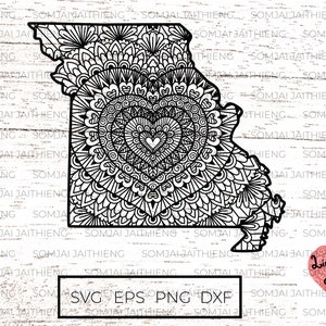 Missouri Karte svg / Herzform Mandala innerhalb Missouri State Map svg / Zentangle svg / Mandala svg /svg Files for Cricut 0221