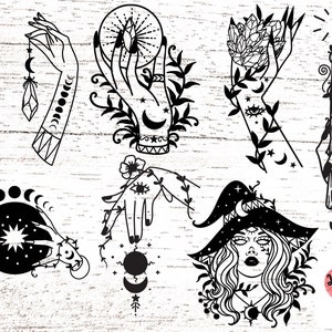 Main de sorcière, svg céleste, phase de lune, cristal, chapeau de sorcière, fichier svg croissant pour cricut ou glowforge, png pour sublimation 0272