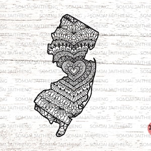 New Jersey Landkarte svg / Herzform Mandala in New Jersey Map svg / Zentangle svg / Mandala svg / New Jersey svg Files für Cricut 0380