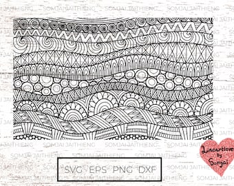 Könnte beinhalten: Schwarz-weiß digitale Illustration eines sich wiederholenden Musters aus Wellenlinien, Kreisen und geometrischen Formen. Das Design erinnert an ein traditionelles Stammesmuster.