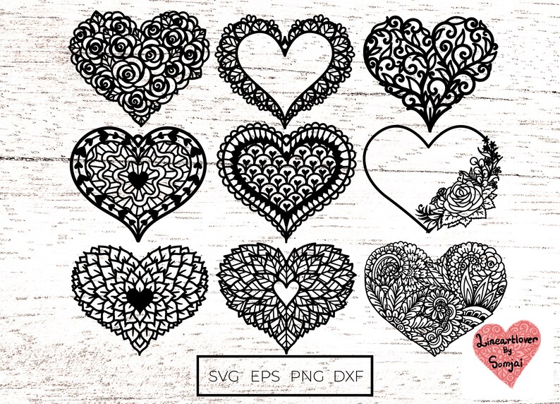 9 Styles of Heart Svg, Heart Svg, Heart Zentangle Svg, Heart Mandala ...