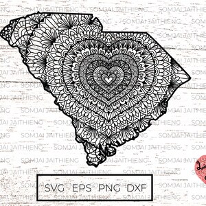 Südcarolina Karte / Herzform Mandala in South Carolina svg / Zentangle Plotterdatei / Mandala svg / svg Files for Cricut 0307