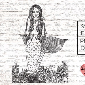 May include: Black and white line art illustration of a mermaid with long flowing hair and a detailed tail. The mermaid is surrounded by floral designs and the text "Lineartlover by Somjai" is in a heart shape.