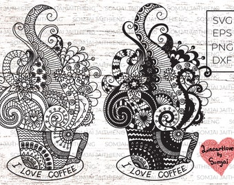 Two  styles of coffee cup Svg / coffee zentangle svg / Zentangle Svg / Mandala Svg / I love coffee svg / Svg Files for Cricut  0256