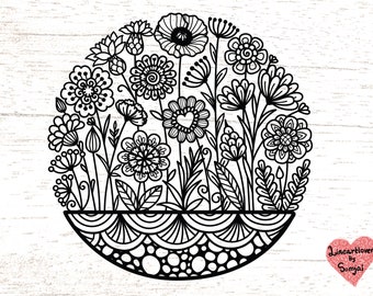 Round mandala flowers Svg /  zentangle svg / mandala svg/ garden svg/  flowers doodle  Svg Files for Cricut  or glowforge  0390