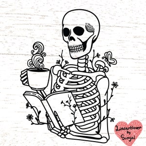 Un esqueleto leyendo un libro y tomando café svg, Amante de los libros svg, Lector aficionado a los libros svg, Libro con flores archivos svg para cricut. 0402