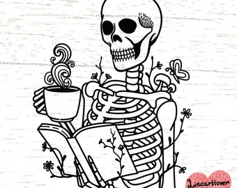 A skeleton reading Book and drinking coffee svg, Book lover svg, Reader Bookish svg, Book with flowers svg files for cricut.     0402