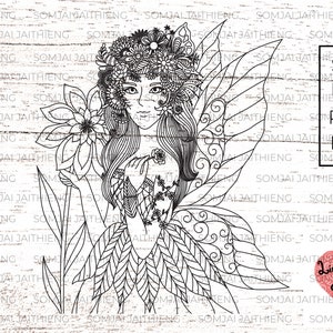 Fairy girl with flowers on her head svg / zentangle svg / mandala svg / fairy svg/ gasby svg / girl svg / angel  Svg Files for Cricut   0355