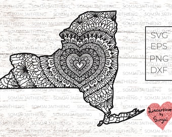 New York map svg / Heart shape mandala inside New York City map /  Zentangle Svg / Mandala Svg / Boho svg / Svg Files for Cricut  0045