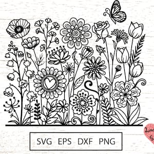 May include: Black and white line art illustration of a bouquet of flowers with a butterfly. The flowers include tulips, roses, and daisies. The text "SVG EPS DXF PNG" is at the bottom of the image.