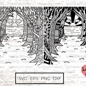 Two styles of abstract trees along the path to the sea svg/ sunset svg/ Mandala svg, zentangle svg/ Tree svg/  svg files for cricut.  0373