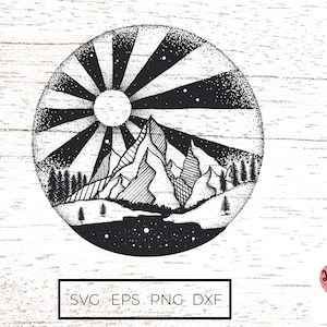 May include: Black and white illustration of a mountain range with a sun and stars in a circle. The image is in a stipple style.