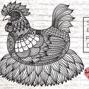 May include: A black and white line art illustration of a rooster with intricate details. The rooster is facing the left side of the image and has a large, detailed comb and wattle. The rooster's tail feathers are spread out behind it. The rooster is standing on a bed of leaves.