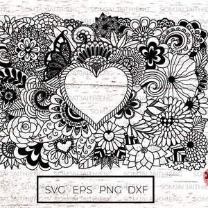 Cornice cuore con spazio di copia sui fiori Svg/zentangle SVG/mandala SVG/sfondo floreale File SVG/Svg per file Cricut/Silhouette 0225
