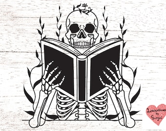 A skeleton reading Book svg, Book lover svg, Reader Bookish svg, Book with flowers svg files for cricut or glowforge.  0226