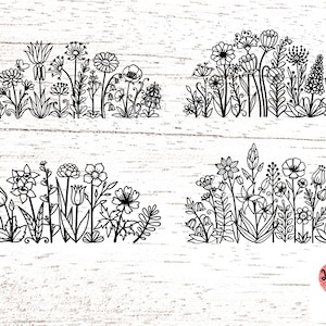 May include: Four black and white line art illustrations of different flower arrangements. Each arrangement features a variety of flowers and leaves, creating a whimsical and delicate design. The illustrations are set against a white woodgrain background.