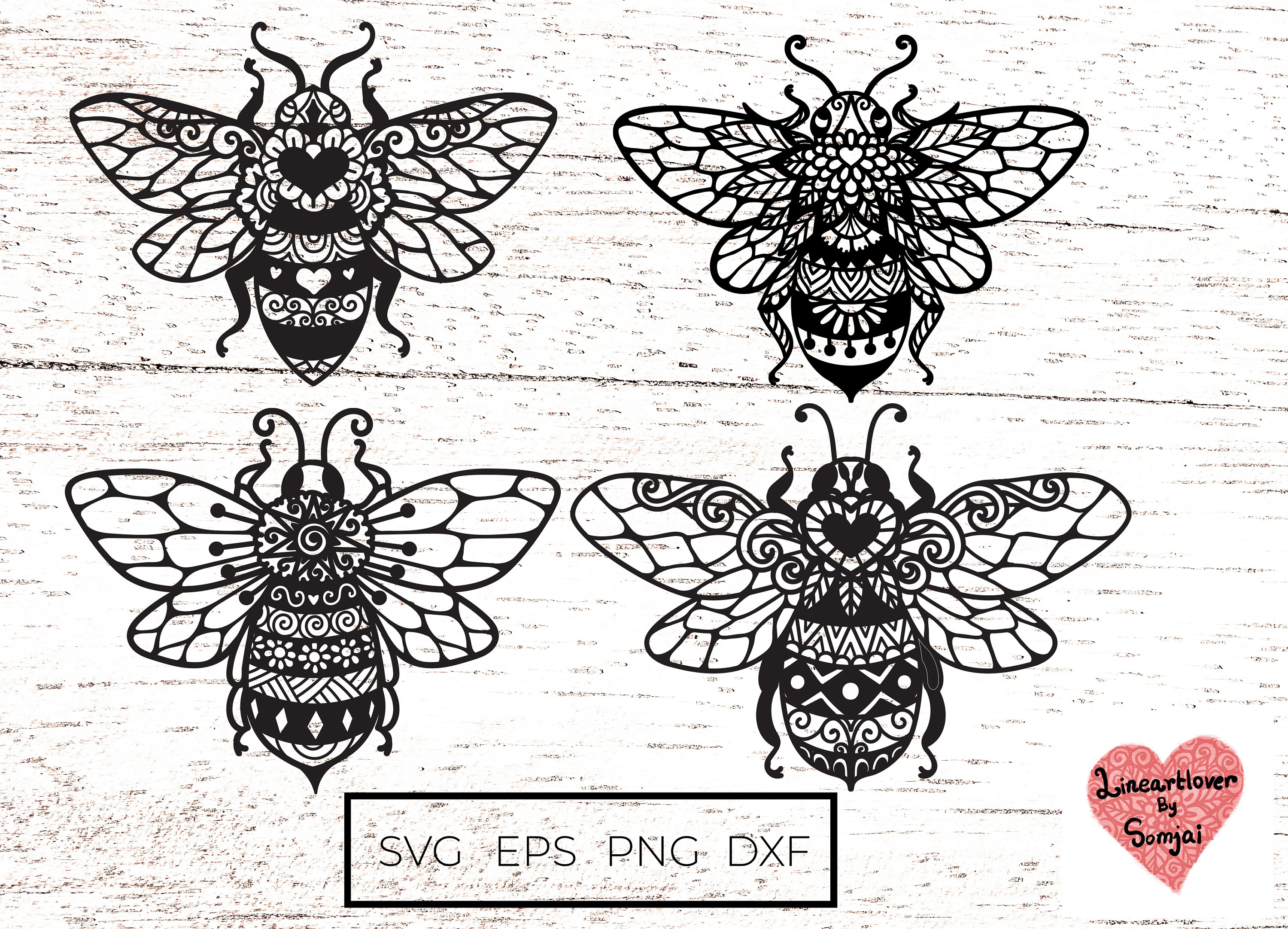 4 Mandala Bee Svg / Mandala Svg / Zentangle Svg / Honey Bee