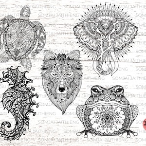 5 dieren mandala SVG/schildpad SVG/wolf SVG/zeepaardje SVG/kikker SVG/olifant SVG-bestanden voor cricut. 0319
