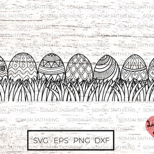 May include: Black and white line art illustration of six Easter eggs with different patterns, sitting in a row on top of grass. The eggs are decorated with geometric shapes, swirls, and hearts.