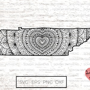 Tennessee Karte svg / Herzform Mandala innen Tennessee landkarte svg / Zentangle svg / Mandala svg / Tennessee svg svg Files für Cricut 0119