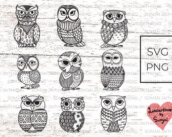 Nine cute owls Svg / owl svg / Zentangle Svg / bird Svg / Boho svg / Animal svg / Ethnic SVG/ Svg Files for Cricut / Silhouette files  0292