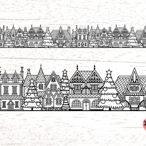 Paisagem urbana repetível com árvores de Natal svg, casas Tudor svg, arquivos svg de Feliz Natal para cricut ou glowforge. 0403