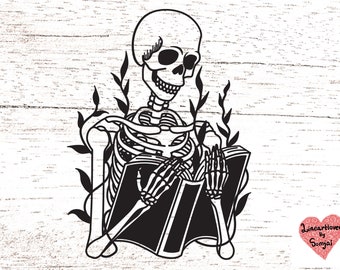 A skeleton reading Book svg, Book lover svg, Reader Bookish svg, Book with flowers svg files for cricut or glowforge.  0016