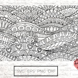 May include: Black and white intricate line art design with a variety of patterns, including circles, swirls, hearts, and geometric shapes. The design is reminiscent of a coloring book page.