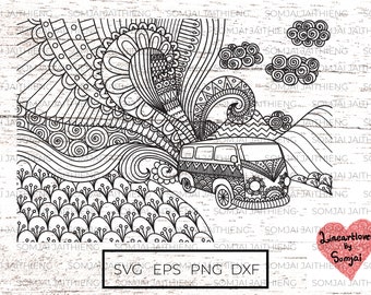 Two  styles of van driving through nature Svg / van svg / RV life / travel svg / Zentangle Svg / landscape svg/ Svg Files for Cricut  0243