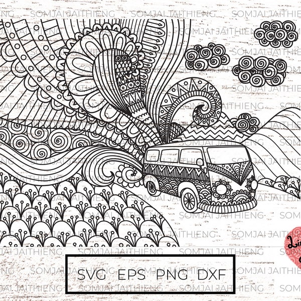 Two  styles of van driving through nature Svg / van svg / RV life / travel svg / Zentangle Svg / landscape svg/ Svg Files for Cricut  0243