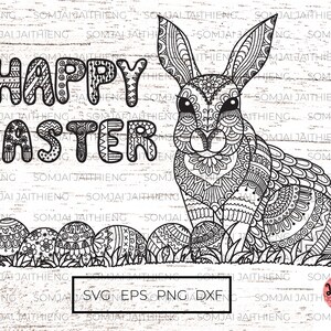 Happy easter svg, zentangle rabbit svg, rabbit svg, mandala rabbit svg, rabbit silhouette svg,  Easter eggs svg files for cricut.  0149