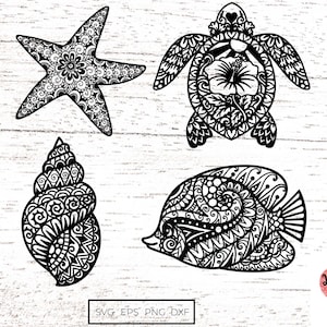 4 mandala di animali marini in formato SVG / tartaruga marina in formato SVG / conchiglia in formato SVG / stella marina in formato SVG / pesce di mare in formato SVG per Cricut, Paper Cut o Glowforge 0282