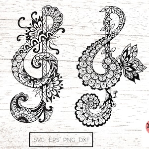 Mandala de dois estilos Clave de sol svg, nota musical svg, zentangle svg, mandala svg, arquivos de silhueta svg para cricut ou glowforge 0238