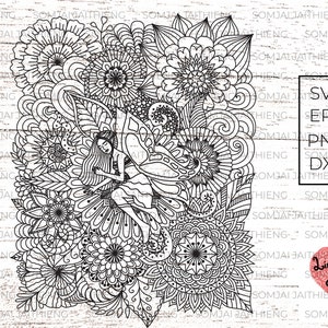 Fairy gilr sleeping on flowers Svg/flowers zentangle svg/Zentangle Svg/Mandala Svg/fairy girl svg/ Svg Files for Cricut  0187