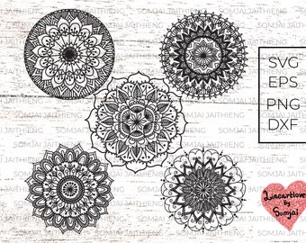 May include: Four black and white mandala designs with intricate patterns. The designs are on a white wood background. The text "SVG EPS PNG DXF" is in the upper right corner of the image. The text "Lineartlover by Somjai" is in the lower right corner of the image.