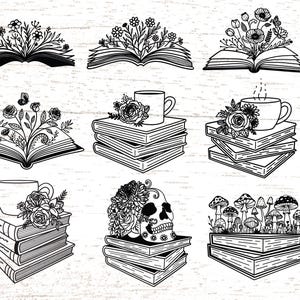 Może przedstawiać: Czarno-białe ilustracje książek, kubków i czaszki. Niektóre książki mają kompozycje kwiatowe wyrastające z nich. Inne obrazy pokazują stos książek z kubkiem i kwiatami.