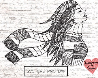 Two styles of girl in winter svg / zentangle svg / Mandala svg / woman svg / lady svg / Svg Files for Cricut / Silhouette files