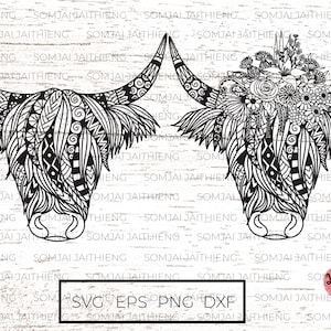 Twee stijlen van Highland koe Svg / Mandala Highland koe svg Zentangle Svg / Mandala Svg / Svg-bestanden voor Cricut / silhouet bestanden 0073