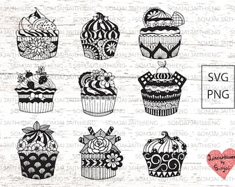 9 Cupcakes svg, cupcakes zentangle svg, zentangle svg, mandala svg, cupcake svg files for circuit, silhouette files   0269