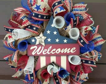 4th of July Wreath, Fourth of July Wreath, Red white Blue Wreath, Patriotic Wreath, Burlap Wreath,Star Wreath, Welcome Wreath, Large Wreath
