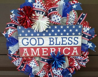 4th of July Wreath, Fourth of July Wreath, Red white Blue Wreath, Patriotic Wreath, Star Wreath, God Bless America Wreath, Large Wreath
