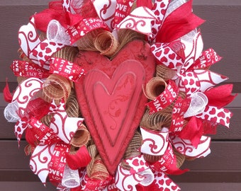 valentine wreath,heart wreath,red wreath,white wreath,large wreath,burlap wreath,love wreath,red white wreath,valentines day wreath