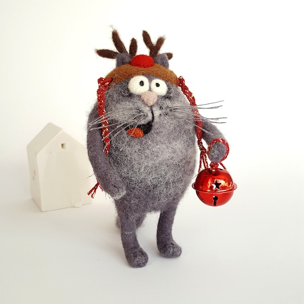 Wool felt grey cat with reindeer cap and red bell, textile miniature cat needle felted, funny christmas decoration figurine felt cat