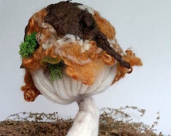 Textile sculpture amanita mushroom felted from wool, magic fly agaric of fairy land pixies, witches, toadstool decoration