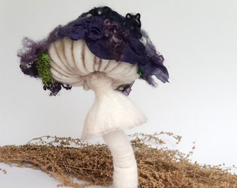 Textile sculpture mushroom felted from wool, magic fly agaric of fairy land pixies, witches, toadstool decoration