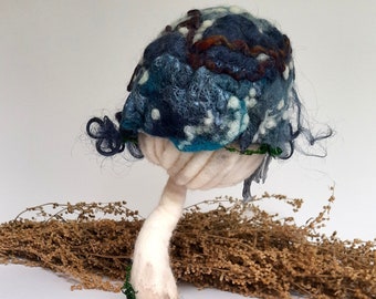 Textile sculpture mushroom felted from wool, magic fly agaric of fairy land pixies, witches, toadstool decoration