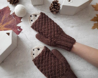 Hand knitted gloves 100% wool, hedgehog mittens for ladies chocolate brown color, winter accessories handmade, funny Christmas gifts