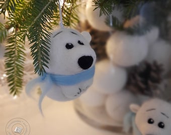 Felt little polar bear Christmas tree ornament, funny tree ornament, Secret Santa gift, holiday home decor, needle felted tree topper