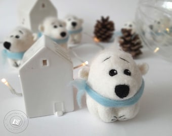 Little felted wool polar bear Christmas ornament, funny decor felt bear hygge, Secret Santa gift, small present, holiday home decor