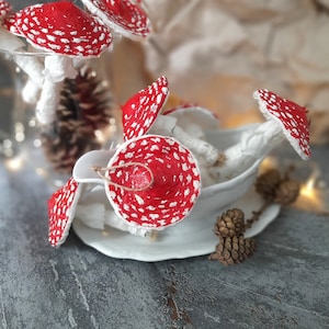 Può includere: Una collezione di ornamenti a forma di fungo realizzati a mano, caratterizzati da cappelli rosso brillante con macchie bianche e gambi bianchi testurizzati. Diversi funghi sono disposti in una salsiera in ceramica bianca e in un vaso di vetro.